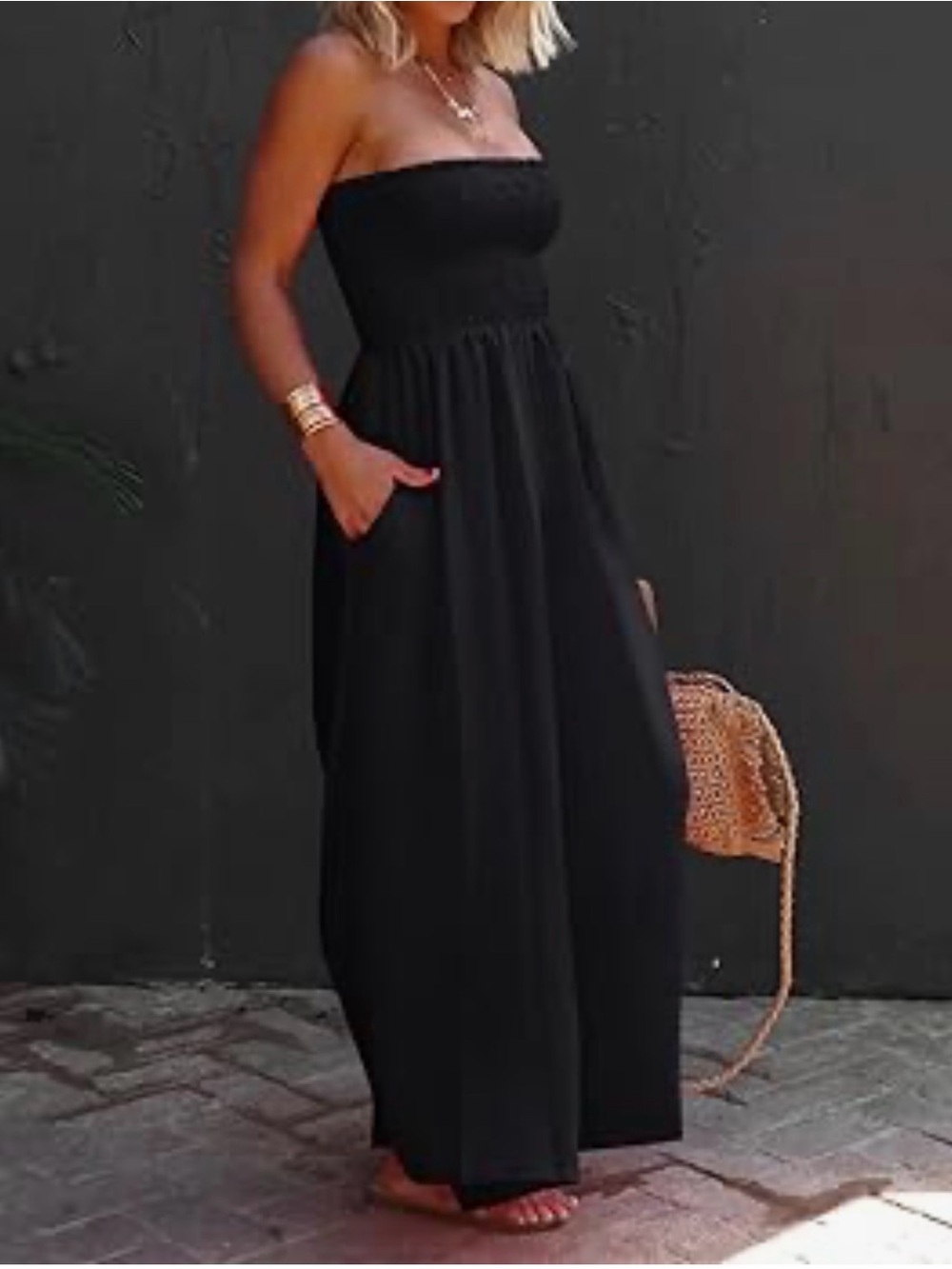 Strapless Black Maxi Dress with Side Pockets